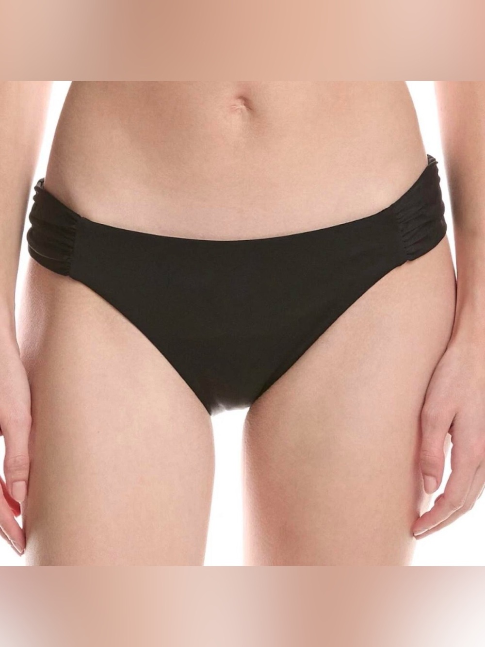 NWT BECCA Black Magic American Fit Shirred Side Hipster Bikini Bottoms, Size L.